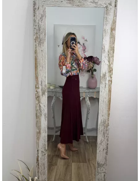 Falda de punto plisada burdeos