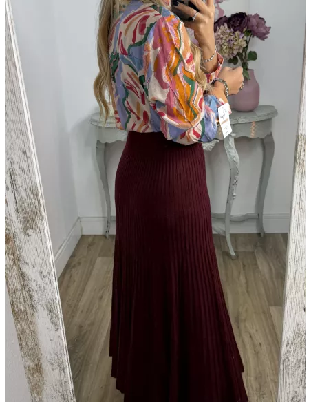 Falda de punto plisada burdeos