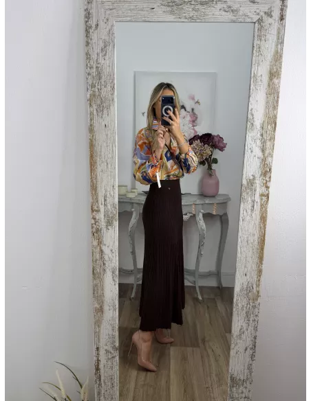 Falda de punto plisada chocolate