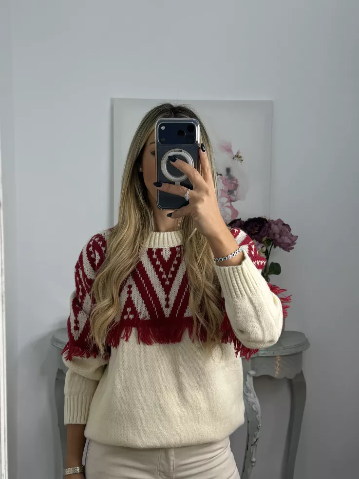 Jersey beige con flecos rojo