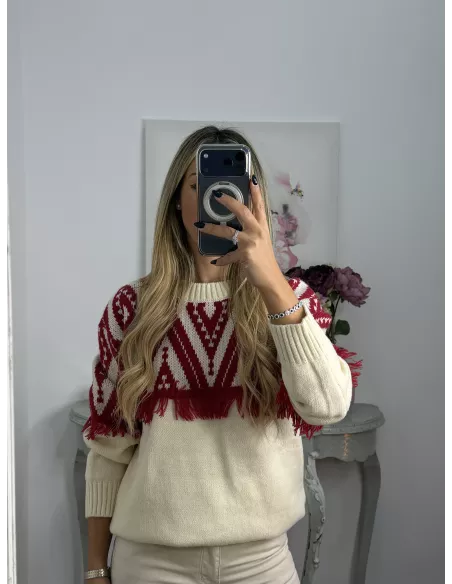 Jersey beige con flecos rojo