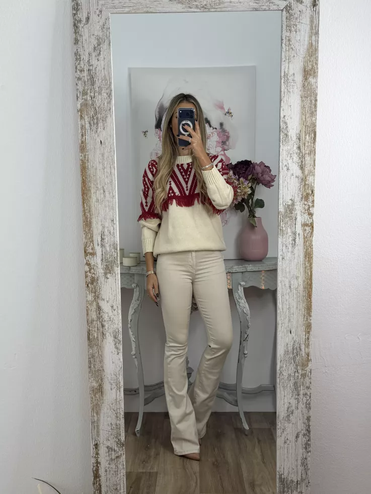 Jersey beige con flecos rojo