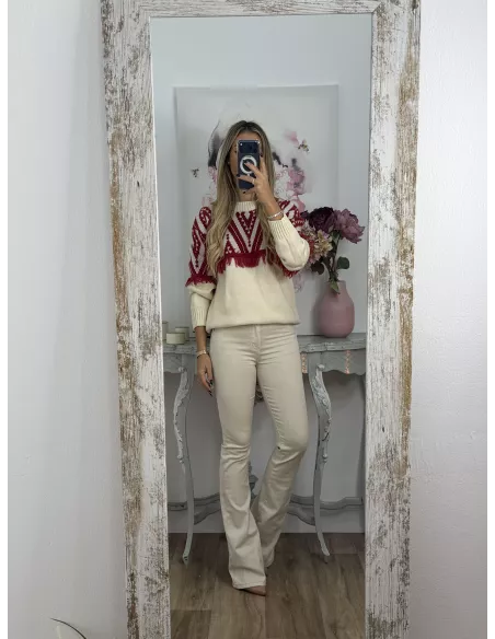 Jersey beige con flecos rojo