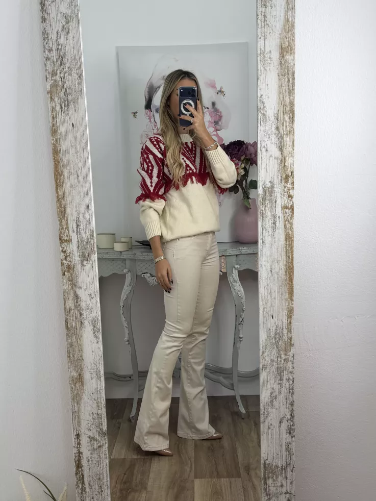 Jersey beige con flecos rojo