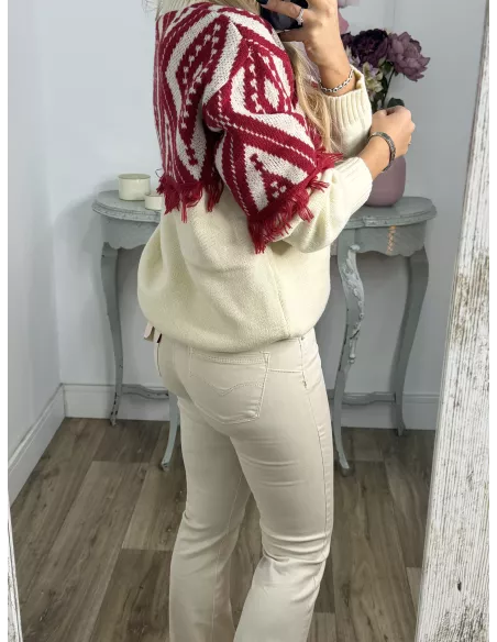 Jersey beige con flecos rojo
