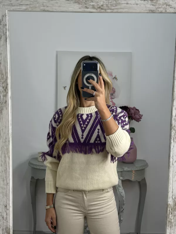 Jersey beige con flecos morados