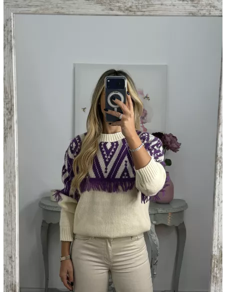 Jersey beige con flecos morados