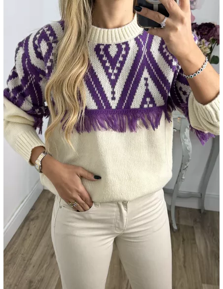 Jersey beige con flecos morados