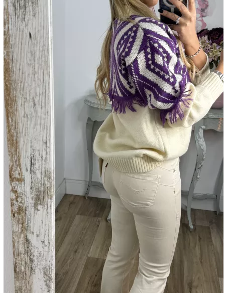 Jersey beige con flecos morados
