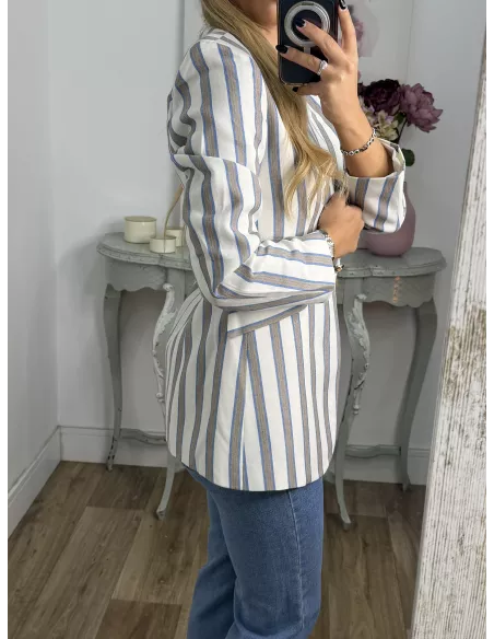 Chaqueta de rayas azul y camel