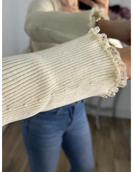 Top canalé beige de flores