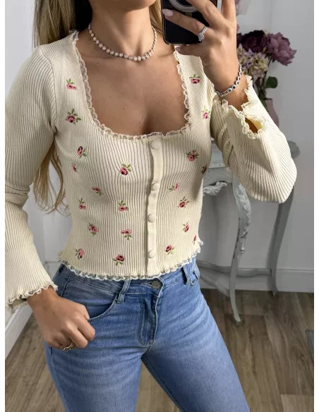 Top canalé beige de flores