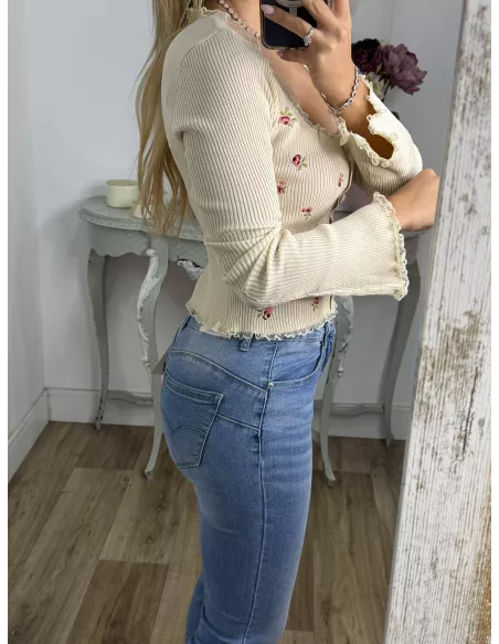 Top canalé beige de flores