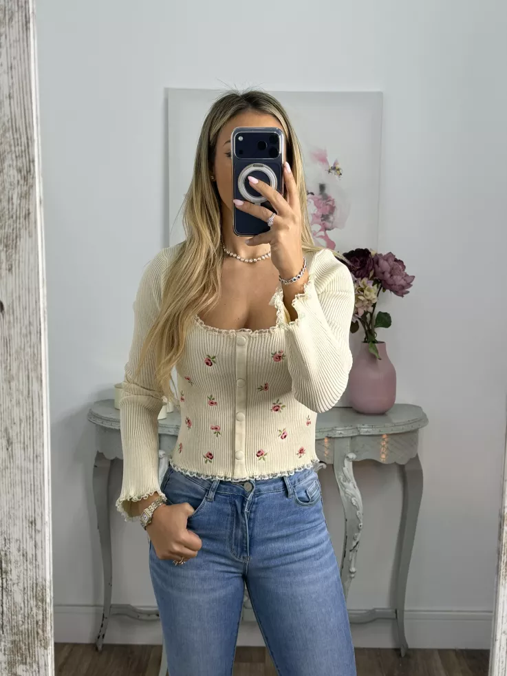 Top canalé beige de flores