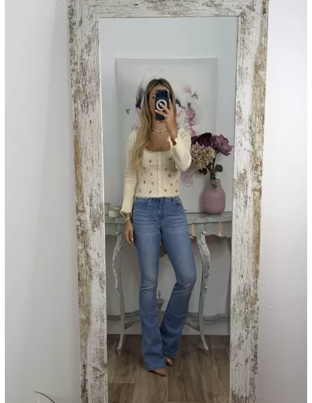 Top canalé beige de flores