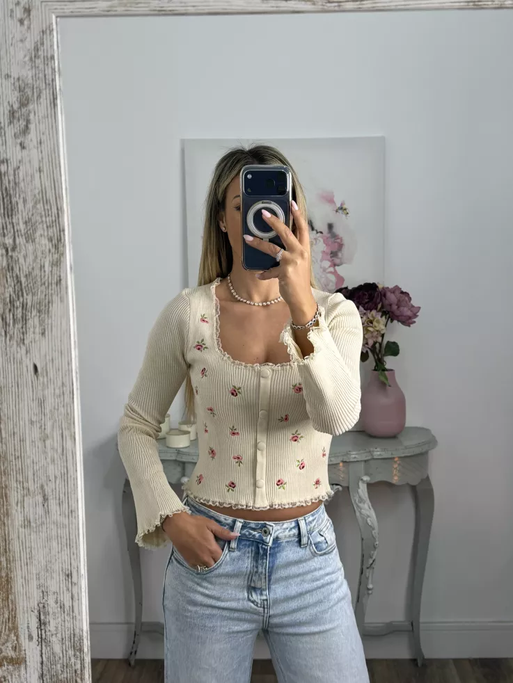 Top canalé beige de flores