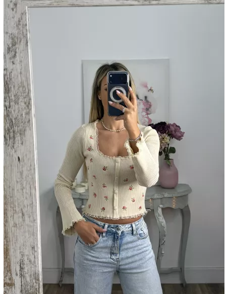 Top canalé beige de flores