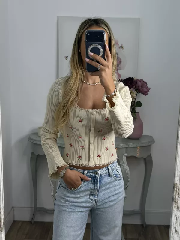 Top canalé beige de flores