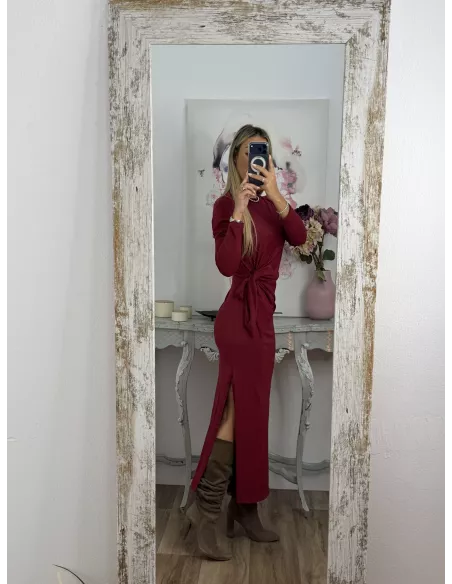 Vestido Algodón color vino nudo cintura