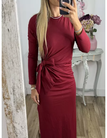 Vestido Algodón color vino nudo cintura