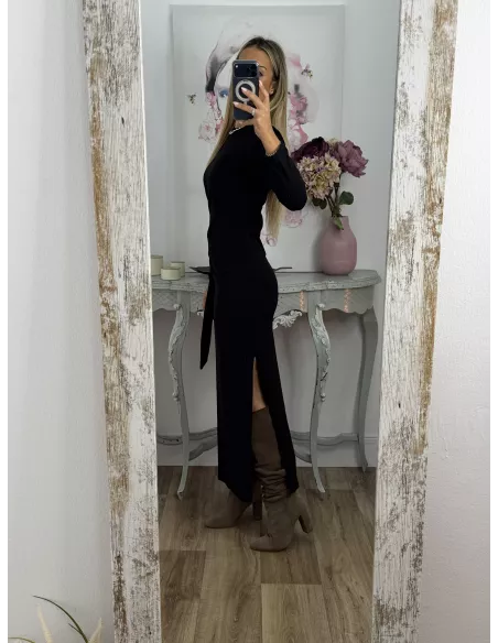 Vestido Algodón negro nudo cintura