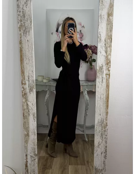 Vestido Algodón negro nudo cintura