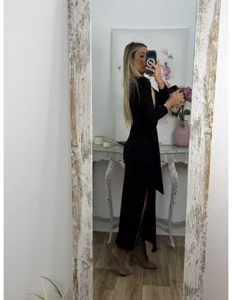 Vestido Algodón negro nudo cintura