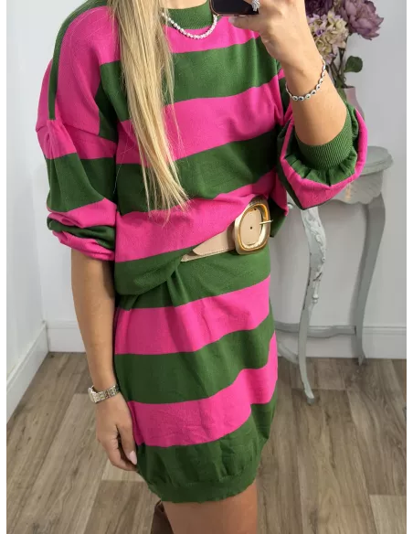 Vestido Apri raya verde y fucsia