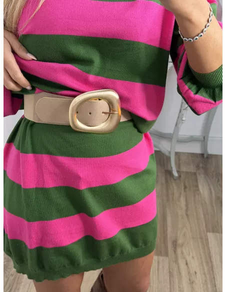 Vestido Apri raya verde y fucsia