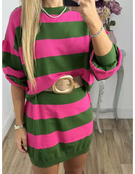 Vestido Apri raya verde y fucsia