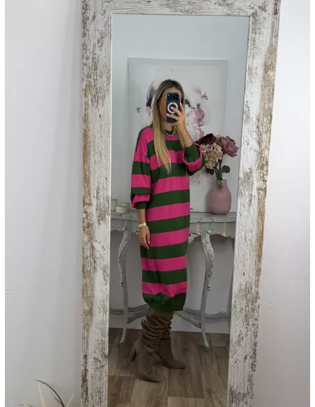 Vestido Apri raya verde y fucsia