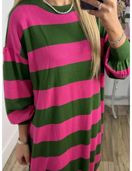 Vestido Apri raya verde y fucsia