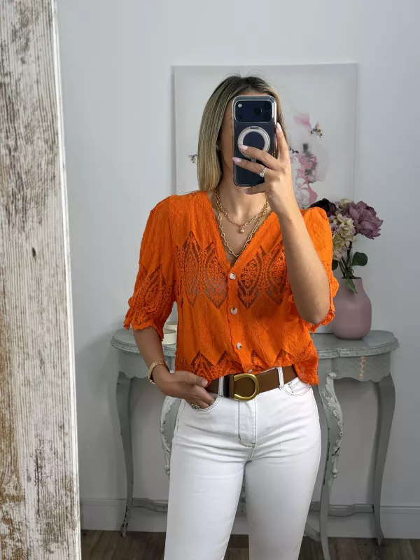 Chaqueta encaje naranja abotonada