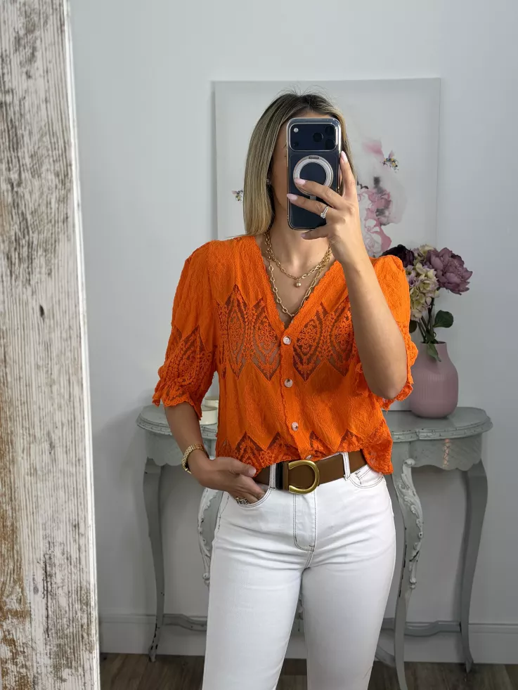 Chaqueta encaje naranja abotonada