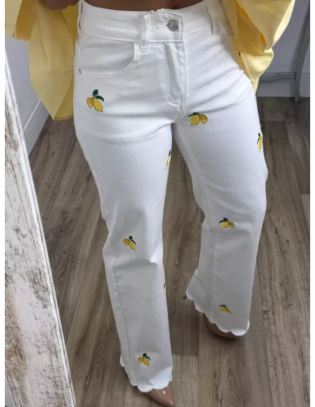Jeans blanco limones bordados