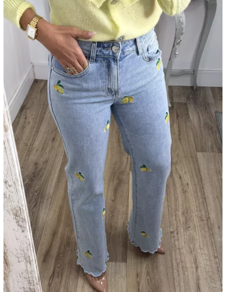 Jeans denim limones bordados