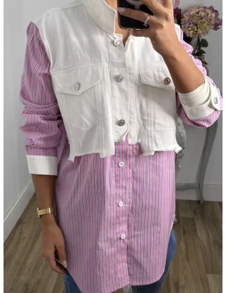 Camisa vaquero blanco con rayas rosa