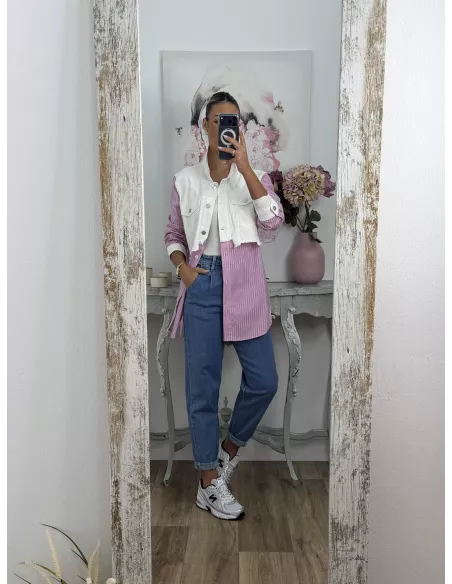 Camisa vaquero blanco con rayas rosa