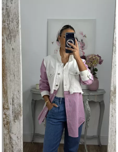 Camisa vaquero blanco con rayas rosa