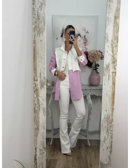 Camisa vaquero blanco con rayas rosa