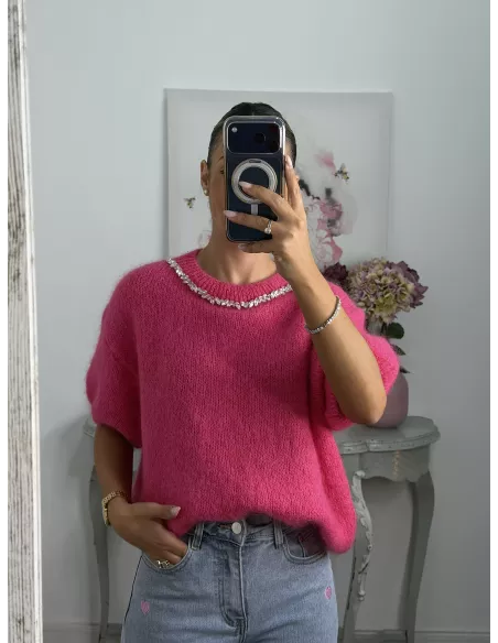 Jersey fucsia manga corta con cuello de piedras