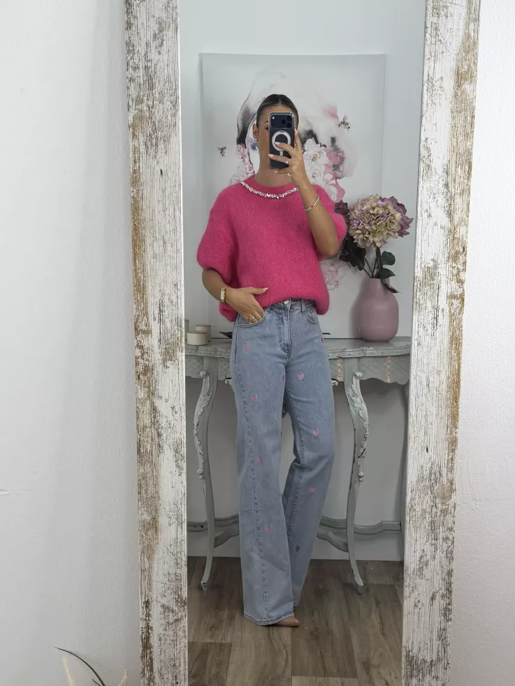 Jersey fucsia manga corta con cuello de piedras