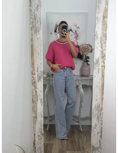 Jersey fucsia manga corta con cuello de piedras