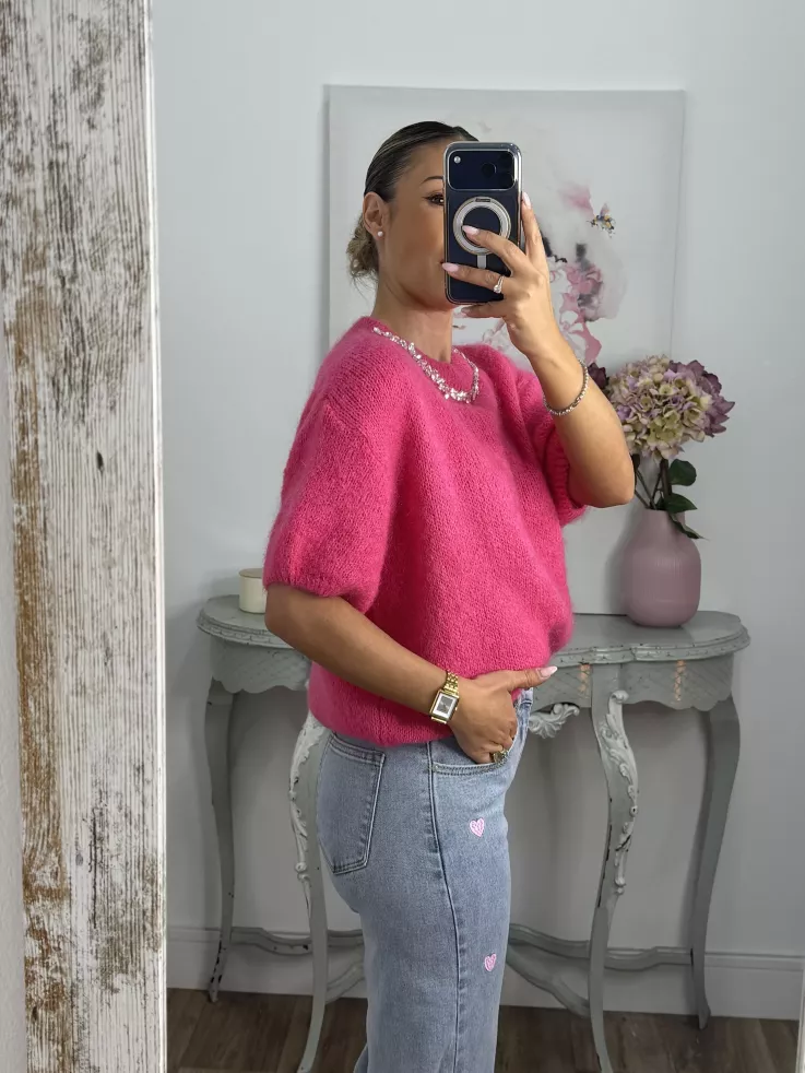 Jersey fucsia manga corta con cuello de piedras