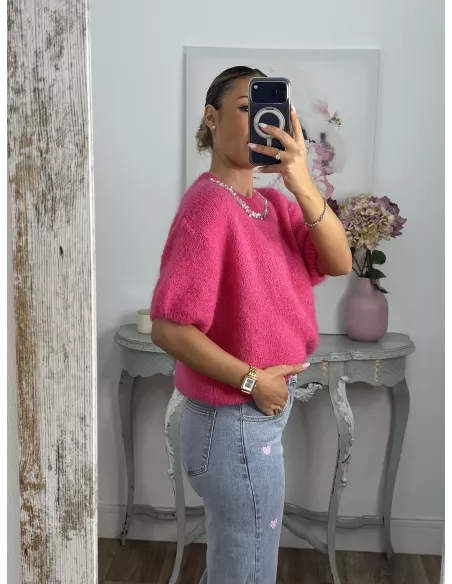 Jersey fucsia manga corta con cuello de piedras