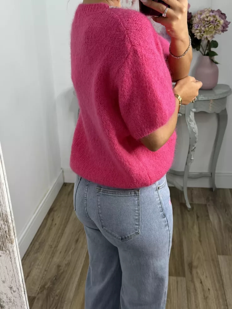 Jersey fucsia manga corta con cuello de piedras