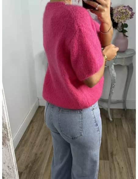 Jersey fucsia manga corta con cuello de piedras