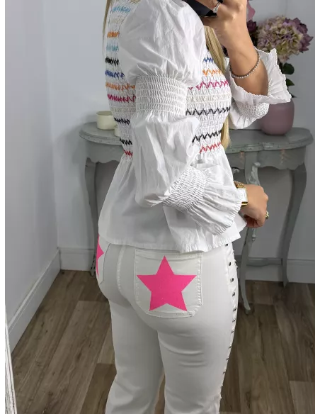 Camisa blanca nido abeja zig zag