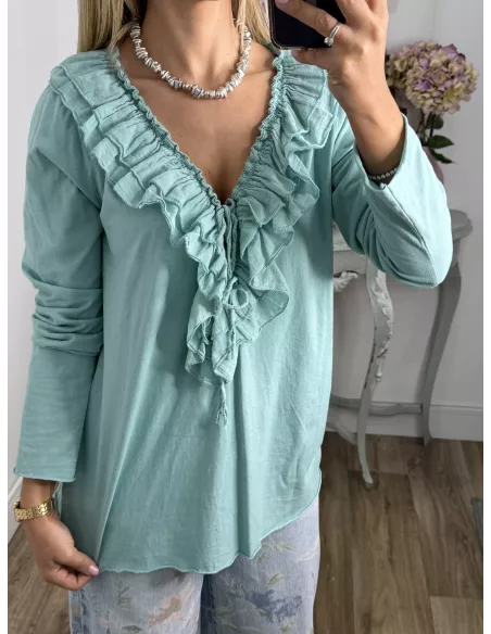 Camiseta con volantes pecho verde agua