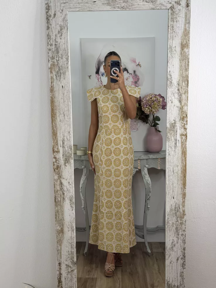 Vestido brocado amarillo y beige